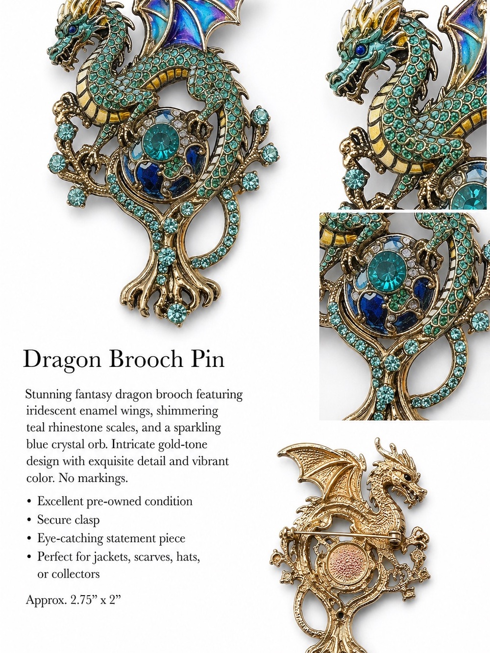 Teal and Blue Dragon Brooch Pin - Gold-Tone Fantasy Accent